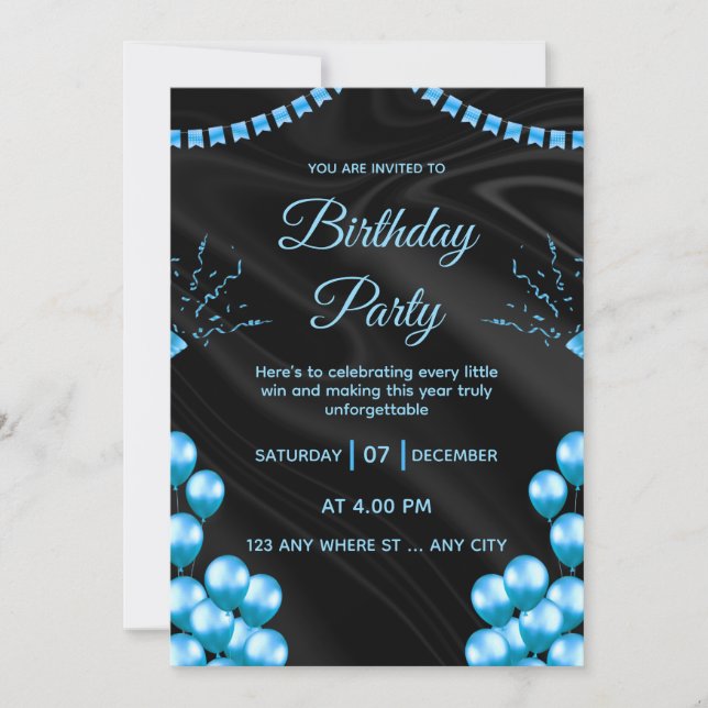 Invitación de cumpleaños elegante azul negro (Anverso)