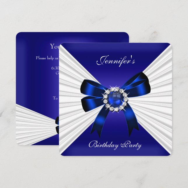 Invitación de cumpleaños elegante azul real joya b (Anverso / Reverso)