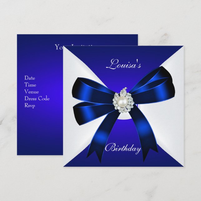 Invitación de cumpleaños elegante azul real perla  (Anverso / Reverso)