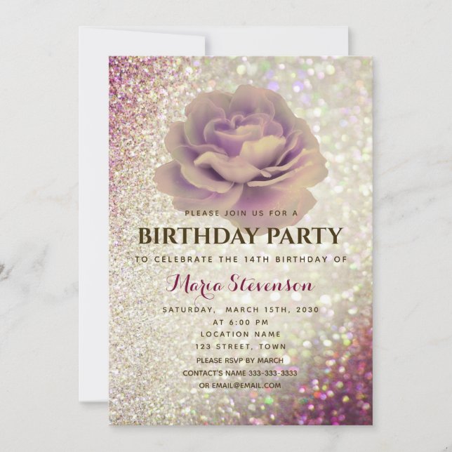 Invitación de cumpleaños elegante con brillo rosa (Anverso)