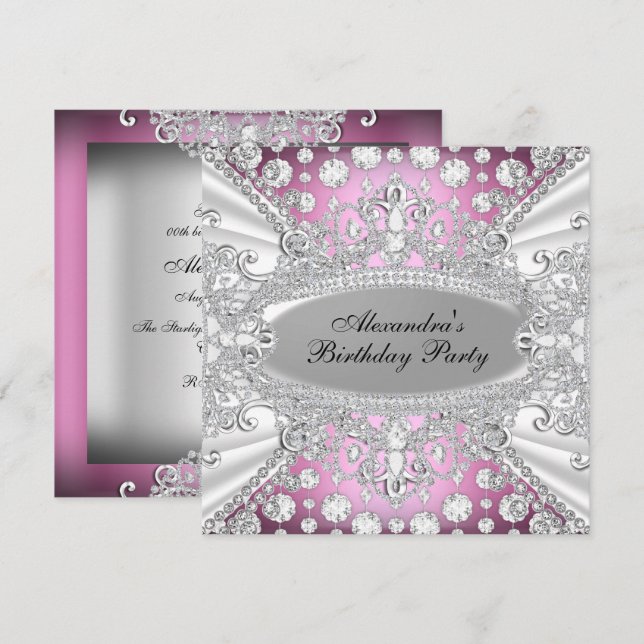 Invitación de cumpleaños elegante con diamante ros (Anverso / Reverso)