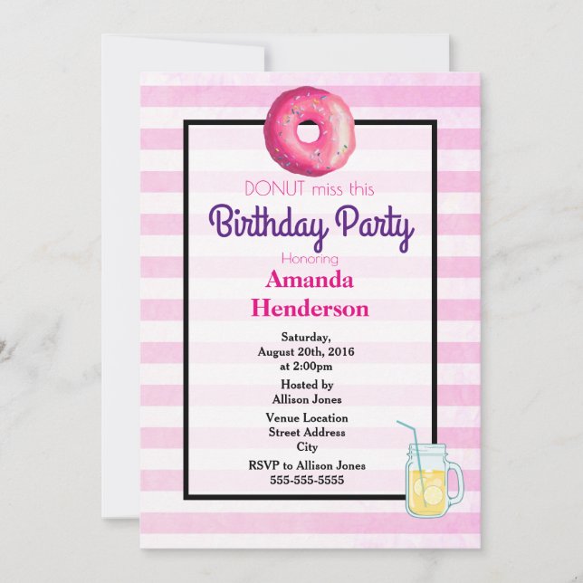 Invitación de cumpleaños elegante con donut rosa y (Anverso)