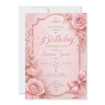 Invitación de cumpleaños elegante con flores rosad