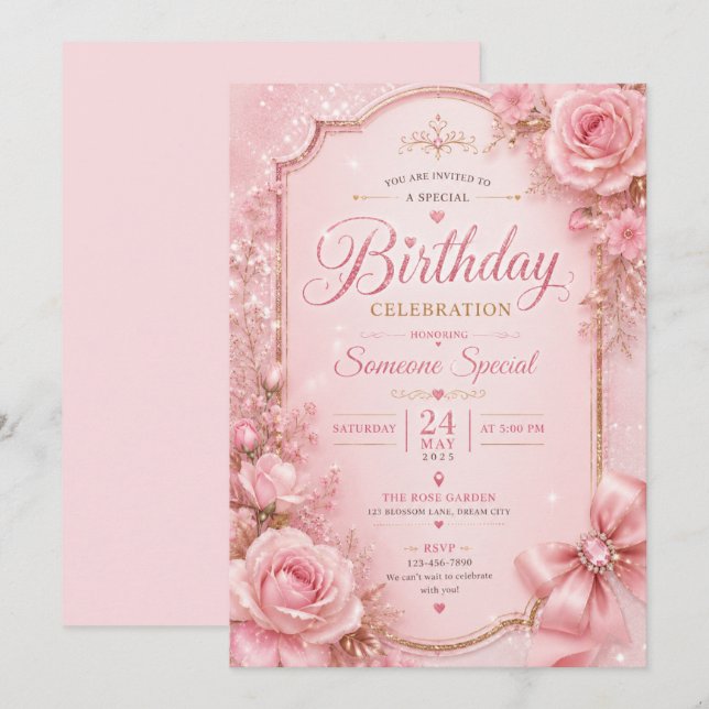 Invitación de cumpleaños elegante con flores rosad (Anverso / Reverso)