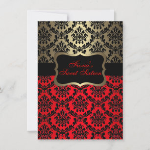 Invitación de cumpleaños elegante damasco rojo y d