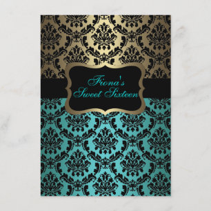Invitación de cumpleaños elegante damasco verde y