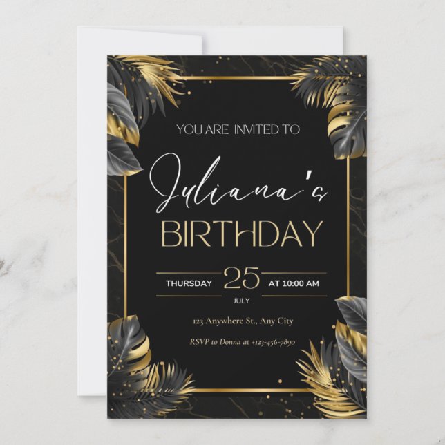 Invitación de cumpleaños elegante de color negro y (Anverso)