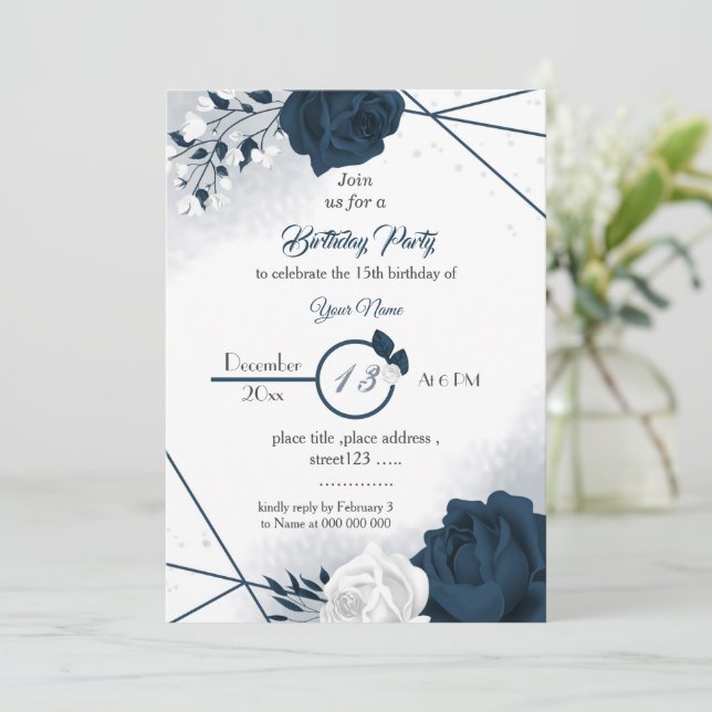 invitación de cumpleaños elegante de flores navale (Anverso de pie)