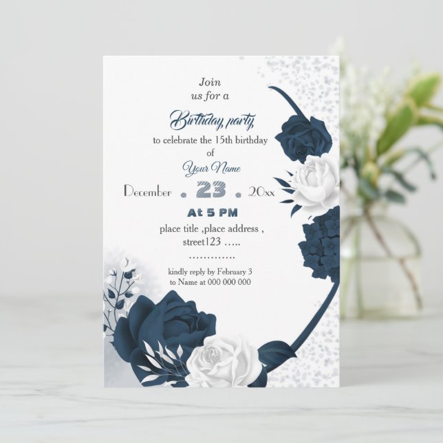invitación de cumpleaños elegante de flores navale (Anverso de pie)