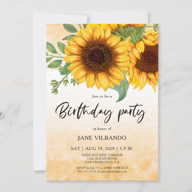 Invitación de cumpleaños elegante de girasol (Anverso)