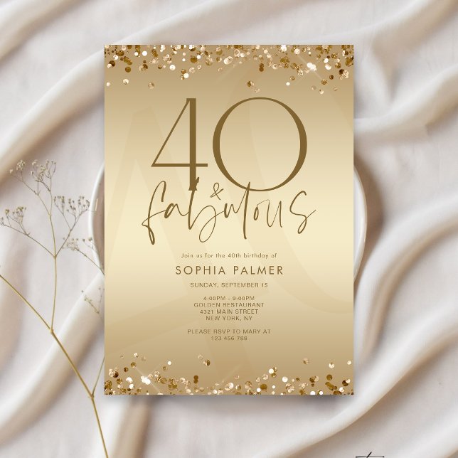 Invitación de cumpleaños elegante dorada cuarenta  (Classy Gold Forty & Fabulous Birthday Invitation)