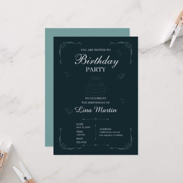 Invitación de cumpleaños elegante en azul turquesa (Anverso/Reverso In Situ)