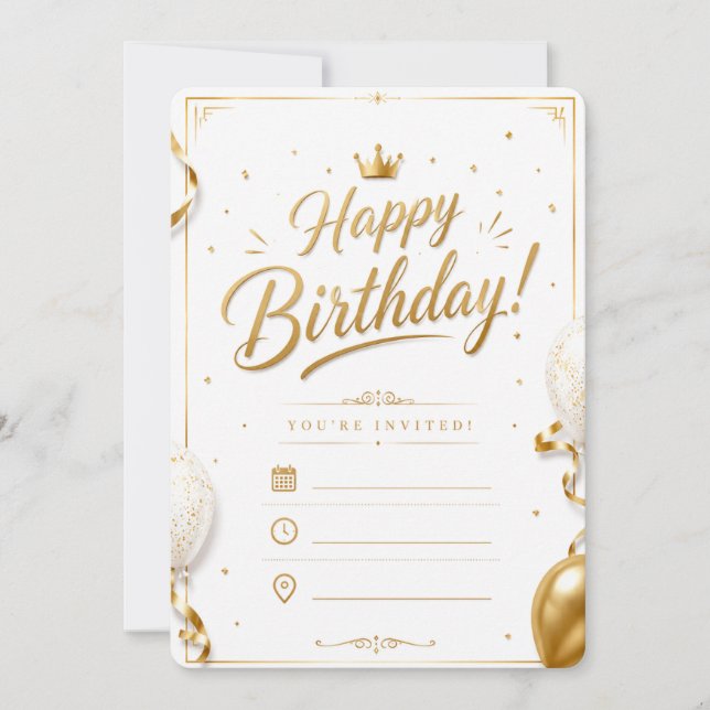 Invitación de cumpleaños elegante en blanco y dora (Anverso)