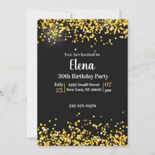 Invitación de cumpleaños elegante en negro y dorad