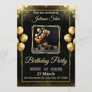 Invitación de cumpleaños elegante en negro y dorad