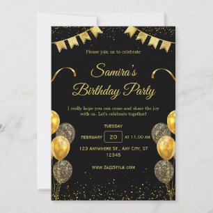 Invitación de cumpleaños elegante en negro y dorad