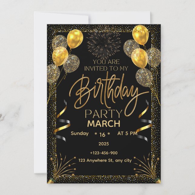 Invitación de cumpleaños elegante en negro y dorad (Anverso)