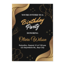 Invitación de cumpleaños elegante en negro y dorad