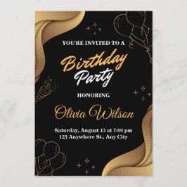 Invitación de cumpleaños elegante en negro y dorad