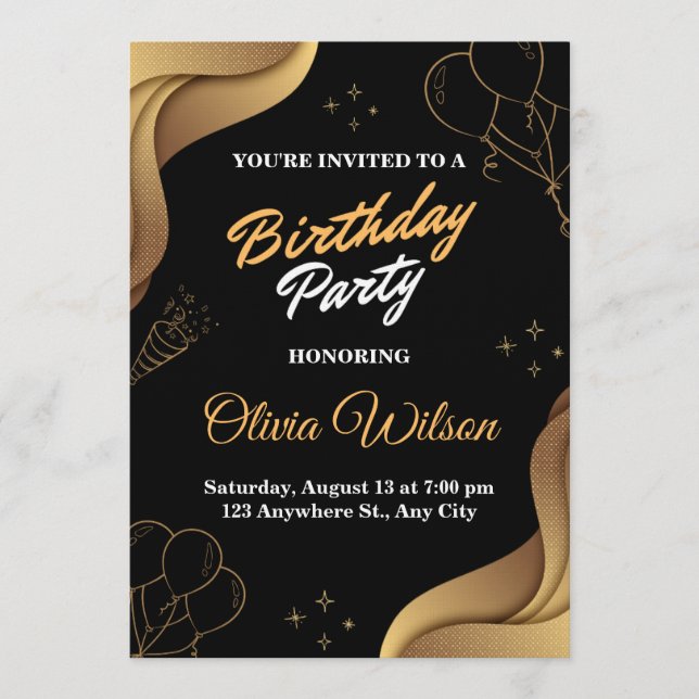 Invitación de cumpleaños elegante en negro y dorad (Anverso)