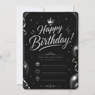 Invitación de cumpleaños elegante en negro y plata