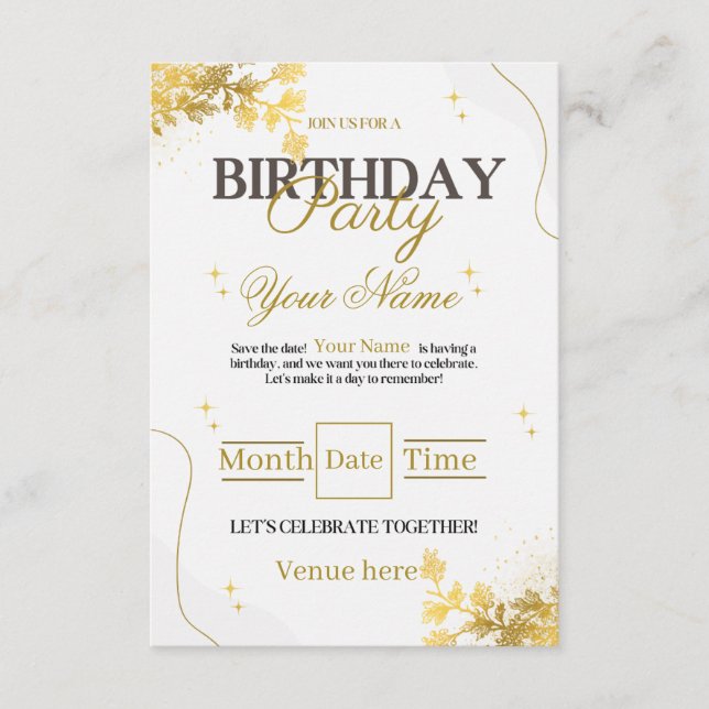Invitación de cumpleaños elegante en oro y blanco (Anverso)