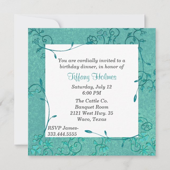 Invitación de cumpleaños elegante Fleur azul verdo (Anverso)