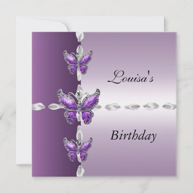 Invitación de cumpleaños elegante mariposa lila pú (Anverso)