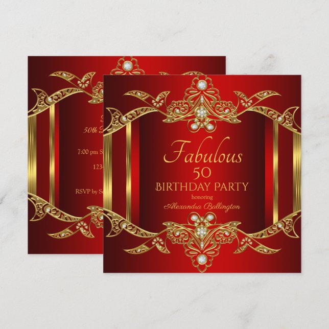 Invitación de cumpleaños elegante regia roja dorad (Anverso / Reverso)