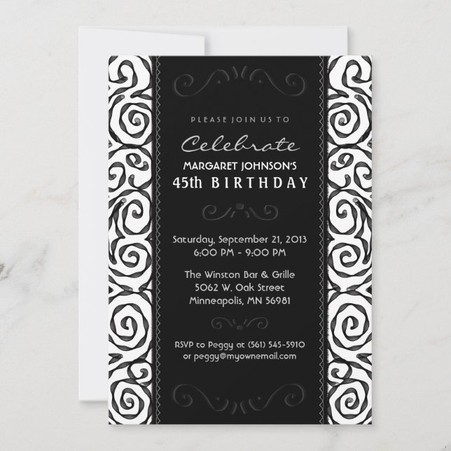 Invitación de cumpleaños - Elegante Swirl blanco y (Anverso)