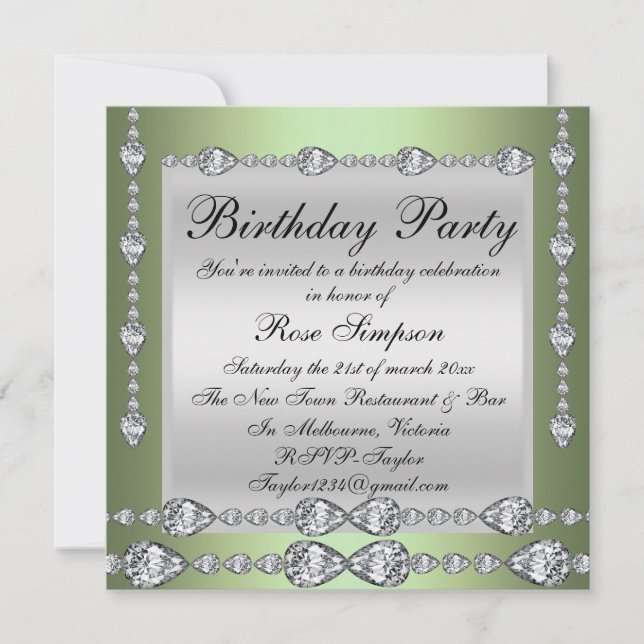 Invitación de cumpleaños elegante verde y plata co (Anverso)