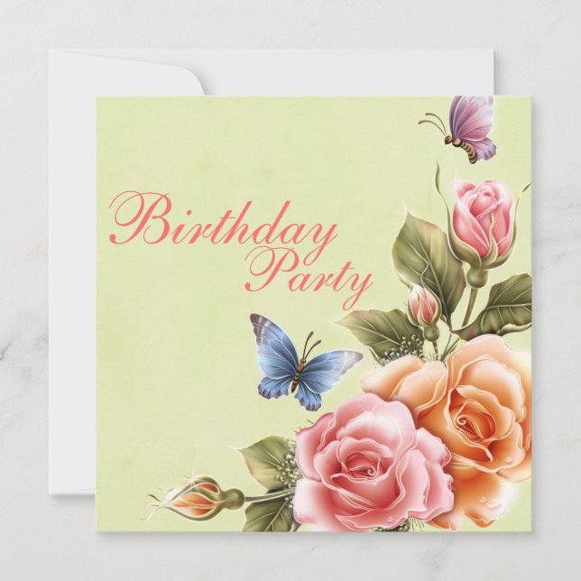 Invitación de cumpleaños Elegantes Mariposas y Ros (Anverso)