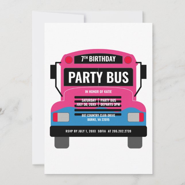 Invitación de cumpleaños en autobús de fiesta (Anverso)