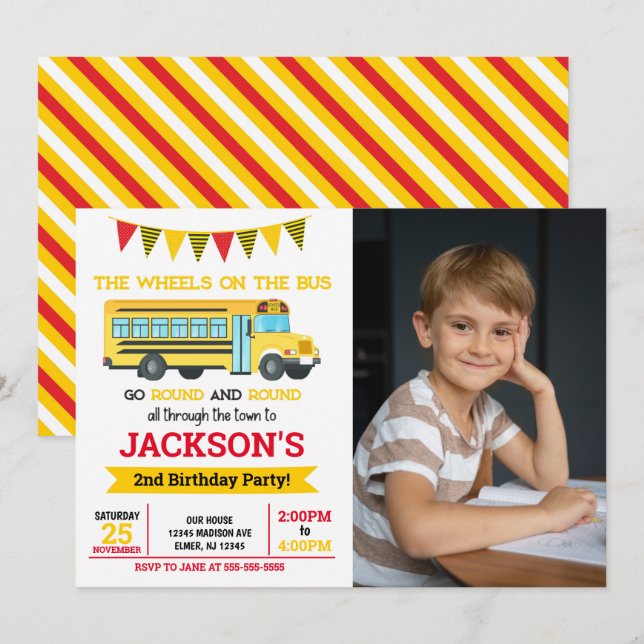 Invitación de cumpleaños en autobús escolar (Anverso / Reverso)