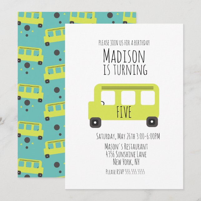 Invitación de cumpleaños en autobús para cualquier (Anverso / Reverso)