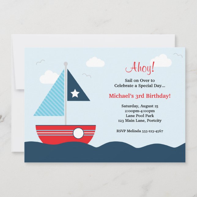 Invitación de cumpleaños en barco de vela (Anverso)