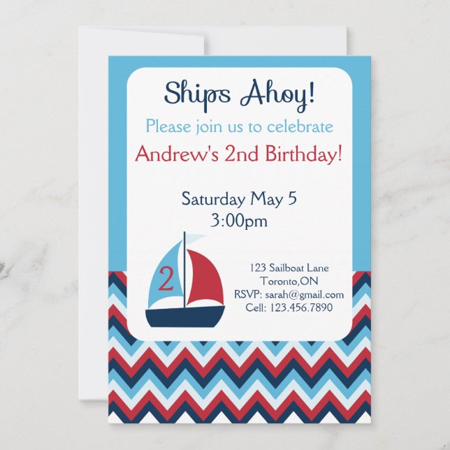 Invitación de cumpleaños en barco de vela (Anverso)