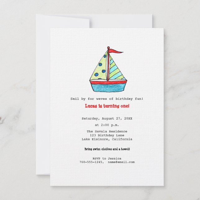 Invitación de cumpleaños en barco de vela (Anverso)