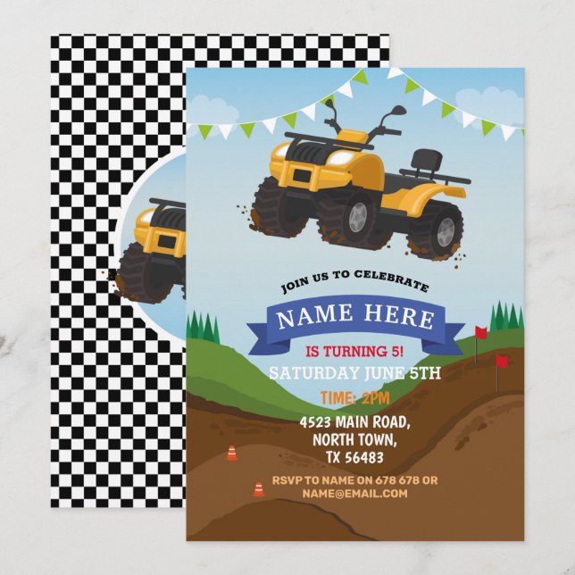Invitación de cumpleaños en bicicleta de cuatro ru (Anverso / Reverso)