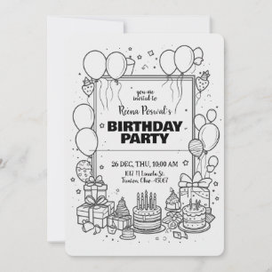 Invitación de cumpleaños en blanco y negro