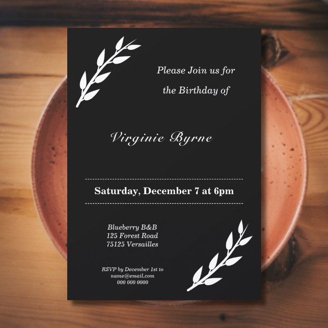 Invitación de cumpleaños en blanco y negro con orn (Black & White Birthday Invitation with ornaments)