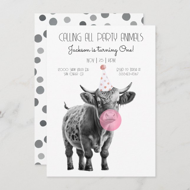 Invitación de cumpleaños en blanco y negro de vaca (Anverso / Reverso)
