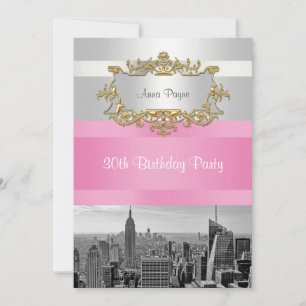 Invitación de cumpleaños en blanco y rosa NYC Skyl