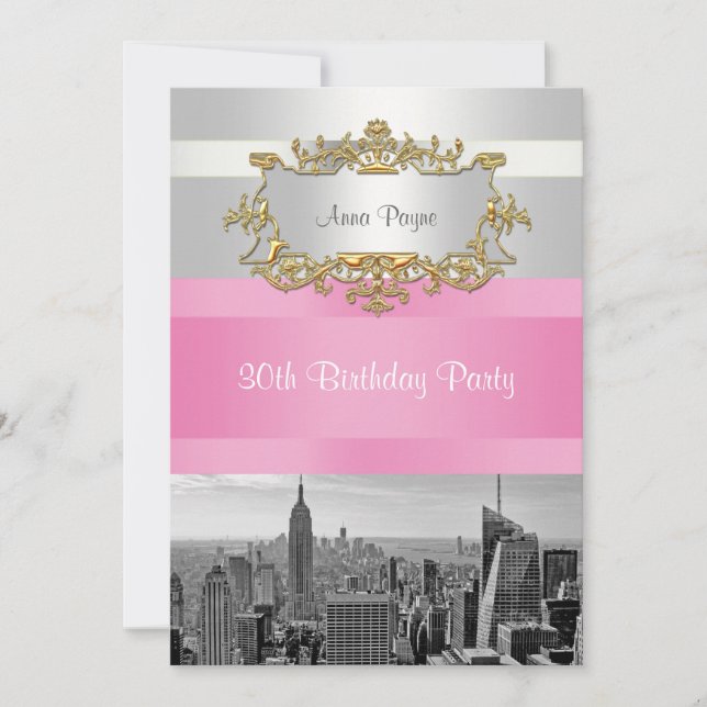Invitación de cumpleaños en blanco y rosa NYC Skyl (Anverso)