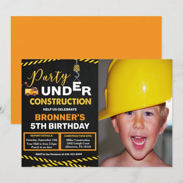 Invitación de cumpleaños en construcción para cual (Anverso / Reverso)