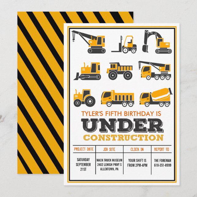 Invitación de cumpleaños en construcción para cual (Anverso / Reverso)