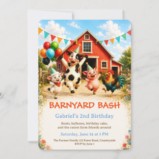 Invitación de cumpleaños en el granero con adorabl