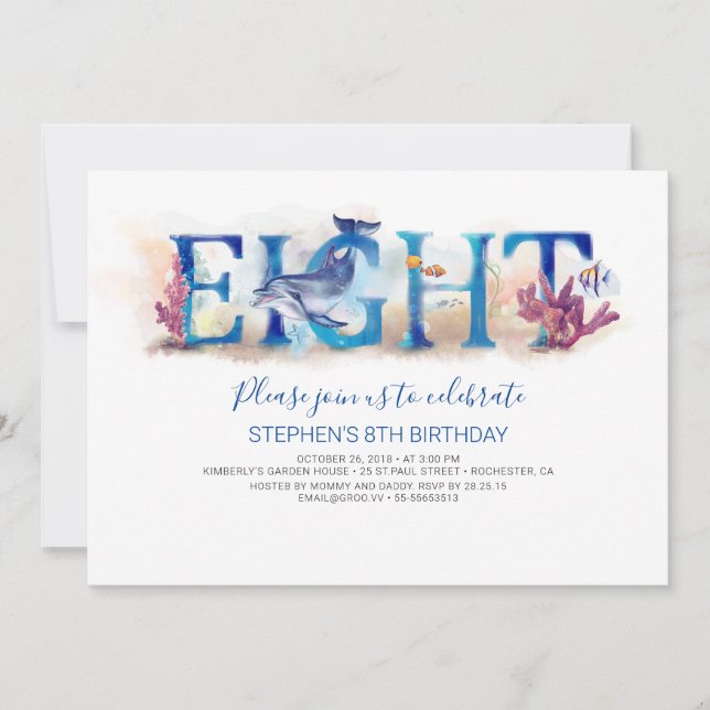 Invitación de cumpleaños en el mundo marino del ma (Anverso)