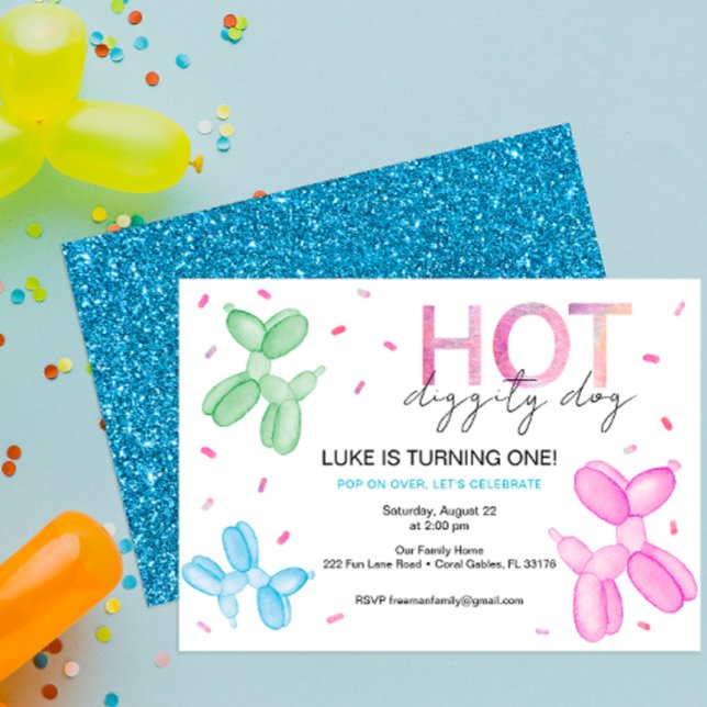 Invitación de cumpleaños en globo brillante (hot diggity dog balloon animals birthday party invitation for kids)