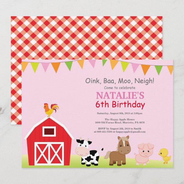 Invitación de cumpleaños en la granja Fiesta campe (Anverso / Reverso)